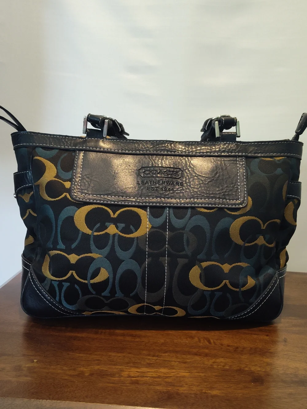 Coach Signature Shoulder Bag in Black, Blue, Green & Gold